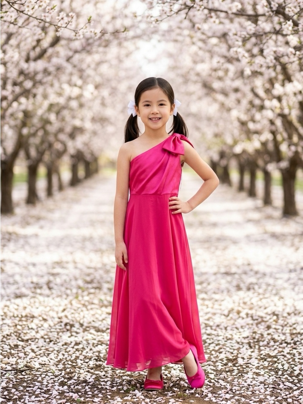Girls One-Shoulder Fuchsia Dress with Bow Shoulder Detail